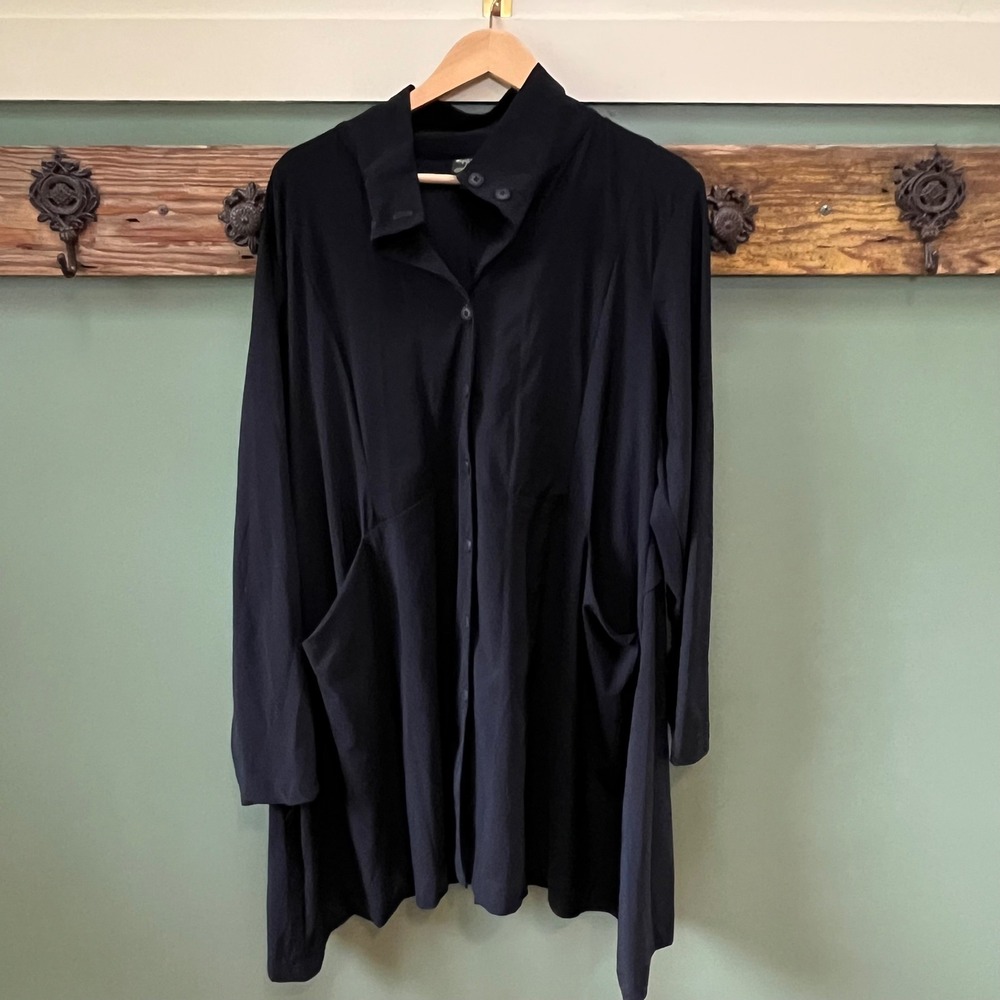 Spiritthouse Black Button Front Tunic Top XL Long Sleeve Pockets Lagenlook
